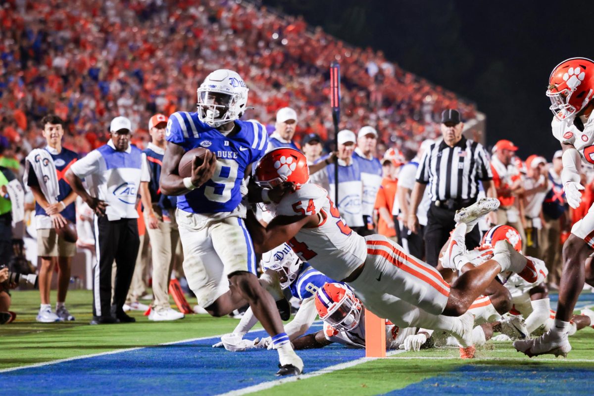 Clemson linebacker Jeremiah Trotter Jr. takes down Duke running back Jaquez Moore. Trotter one of the few bright spots in an otherwise poor loss against the Blue Devils on Sept. 4, 2023.