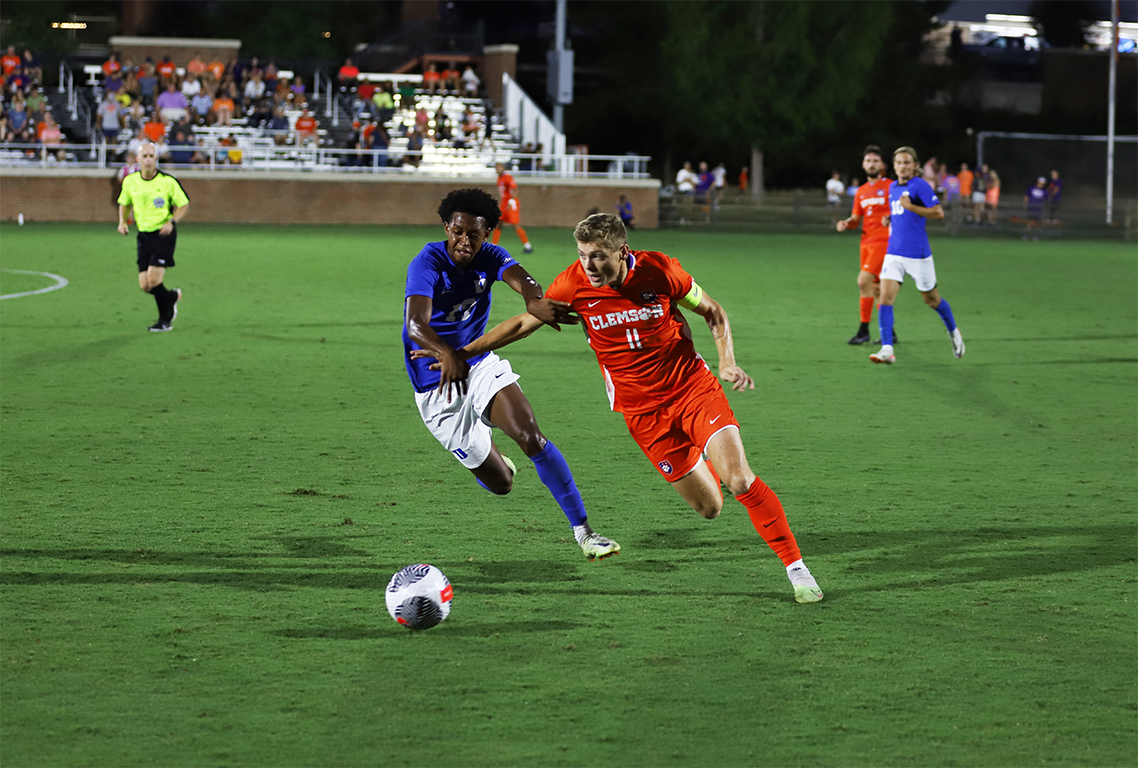 Clemson midfielder Brandon Parrish dribbles the ball against Duke at Historic Riggs Field on Friday, Sept. 15, 2023. The Tigers defeated the Blue Devils 2-0 in an upset victory.