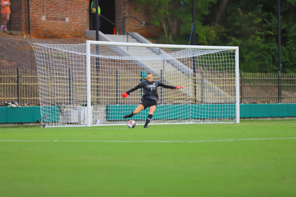 Senior goalkeeper Halle Mackiewicz clears the ball during the Tigers match against then-No. 7 Arkansas, which they went on to win 1-0.