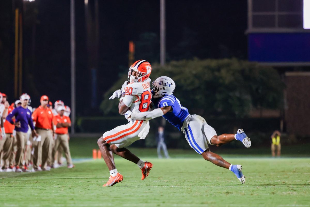Wide receiver Beaux Collins is taken down by a Duke defender on a crucial drive for the Tigers on Sept. 4, 2023.
