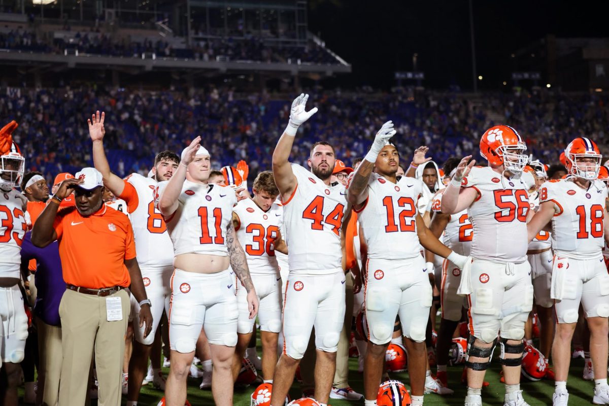 Ever loyal: The Clemson football team thanks fans and stands together following a tough loss to Duke on Sept. 4, 2023.