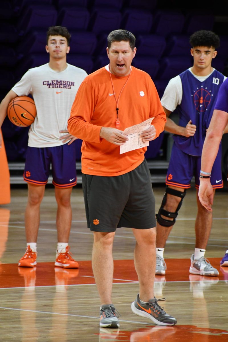 Clemson head coach Brad Brownell speaks to his team during practice in Littlejohn Coliseum on Oct. 12, 2023.