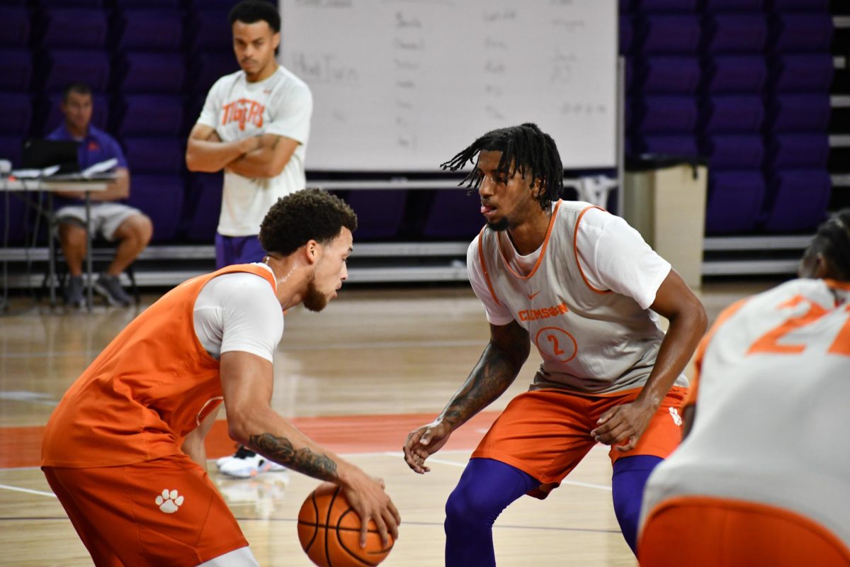 Clemson guard Dillon Hunter guards his brother, Chase Hunter, during practice in Littlejohn Coliseum on Oct. 12, 2023.
