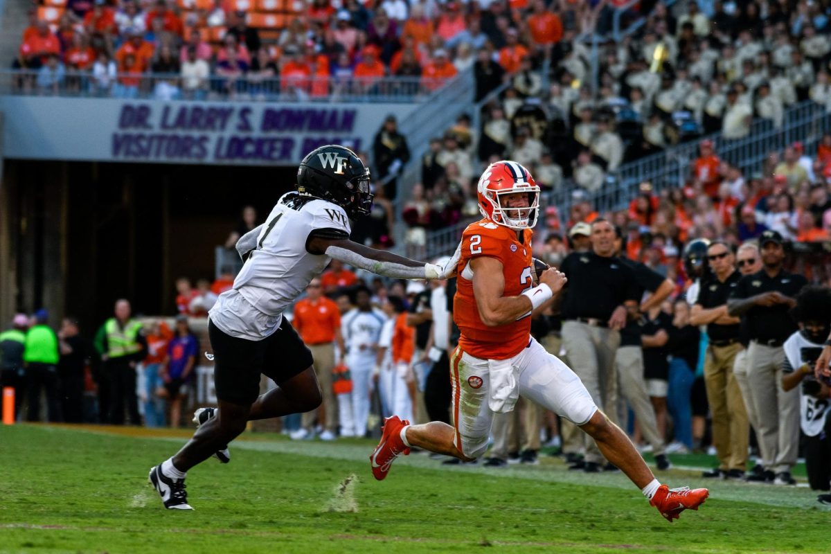 Clemson quarterback Cade Klubnik (2) rushed for 48 yards and a touchdown against Wake Forest in Memorial Stadium on Oct. 7, 2023.