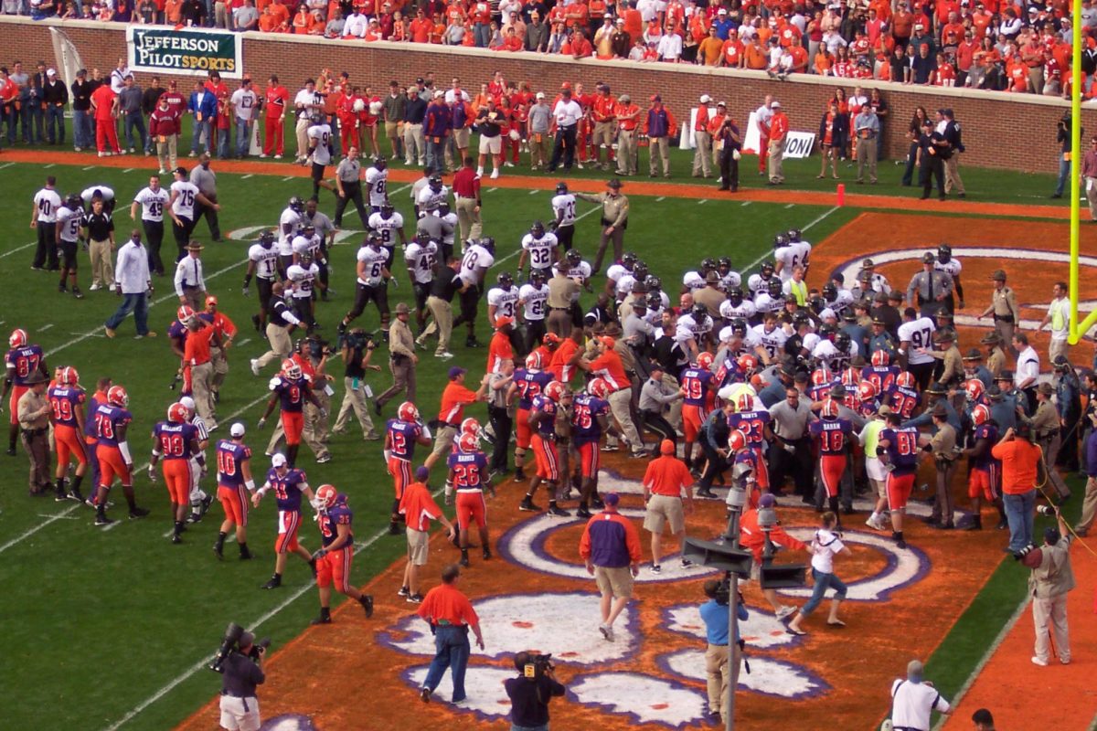 Clemson and South Carolina players fight in 2004 during the annual rivalry game.