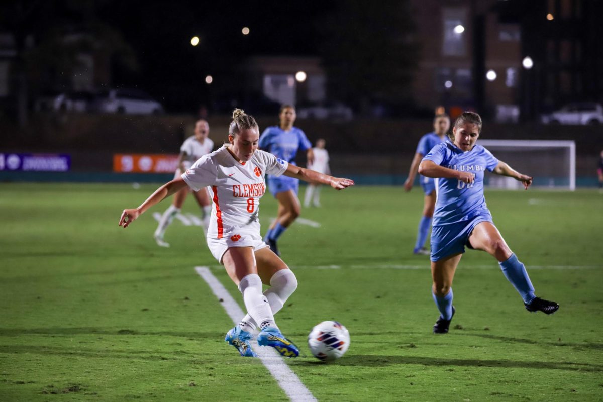 Clemson forward Jenna Tobia dribbles the ball against Columbia in the second round of the NCAA Tournament at Historic Riggs Field on Nov. 17, 2023.