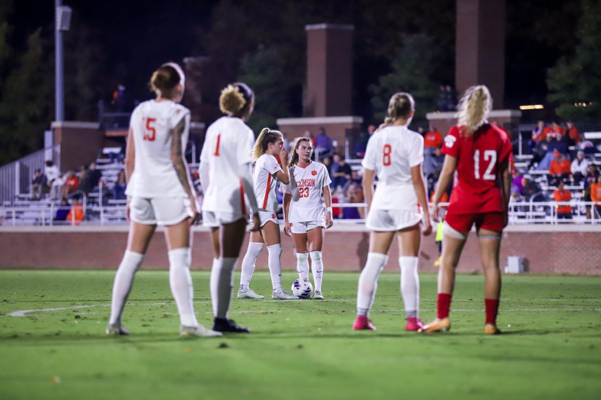 Forward Caroline Conti and midfielder Dani Davis wait to take a free kick during the first round of the NCAA tournament at Historic Riggs Field on Friday, Nov. 10.