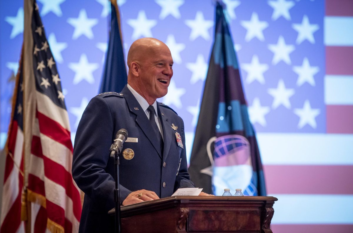 U.S. Air Force General John “Jay” Raymond, Chief of Operations for United States Space Force and the highest-ranking graduate in the history of Clemson University’s ROTC program, speaks during the retirement ceremony for Col. Keith Balts on Sept. 18, 2020.