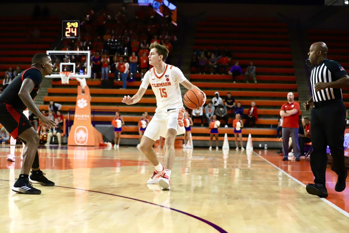 Clemson forward Asa Thomas dribbles the ball against Newberry in an exhibition game at Littlejohn Coliseum on Nov. 1.