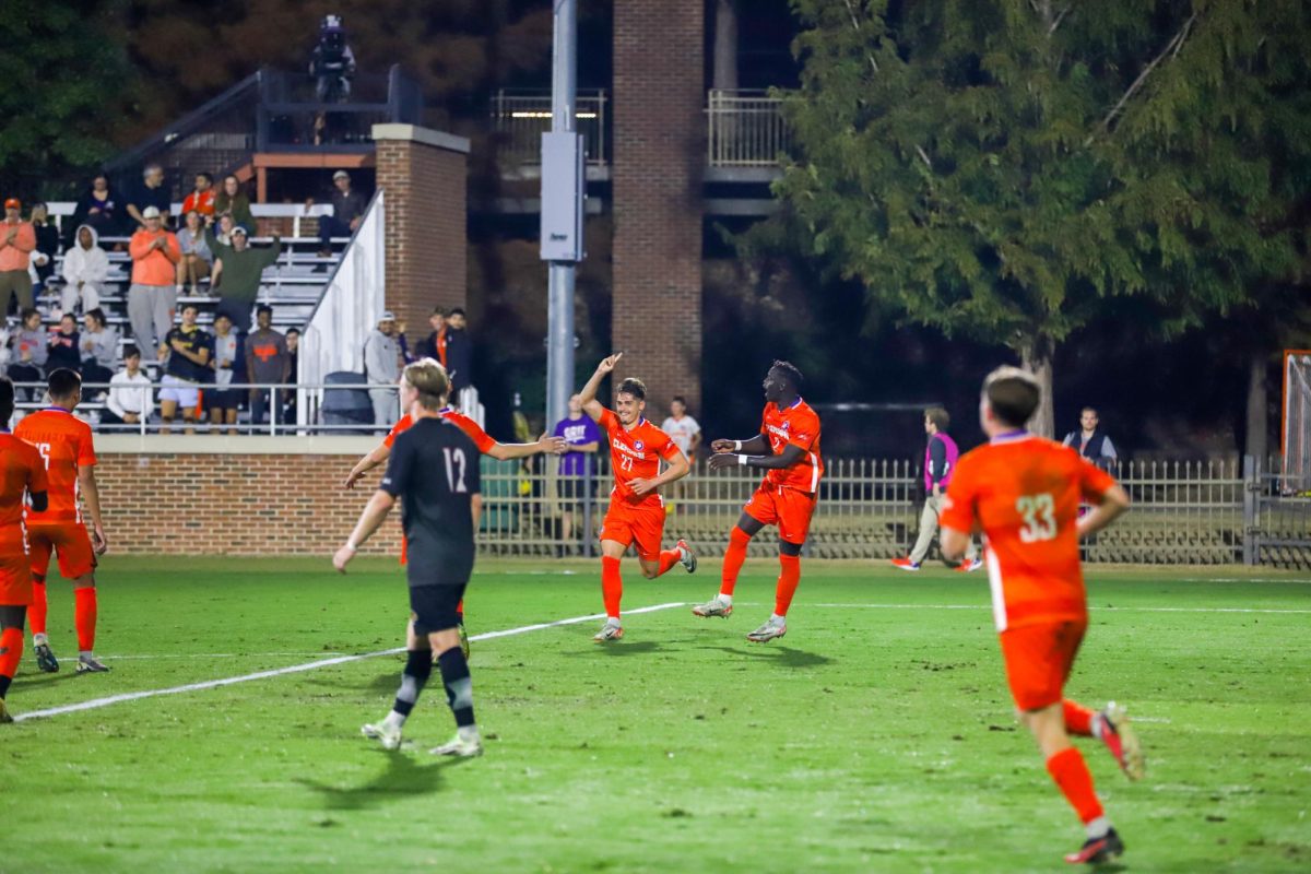 Defender Gael Gibert celebrate after scoring a goal during the ACC semifinal at Historic Riggs Field on Wednesday, Nov. 8.
