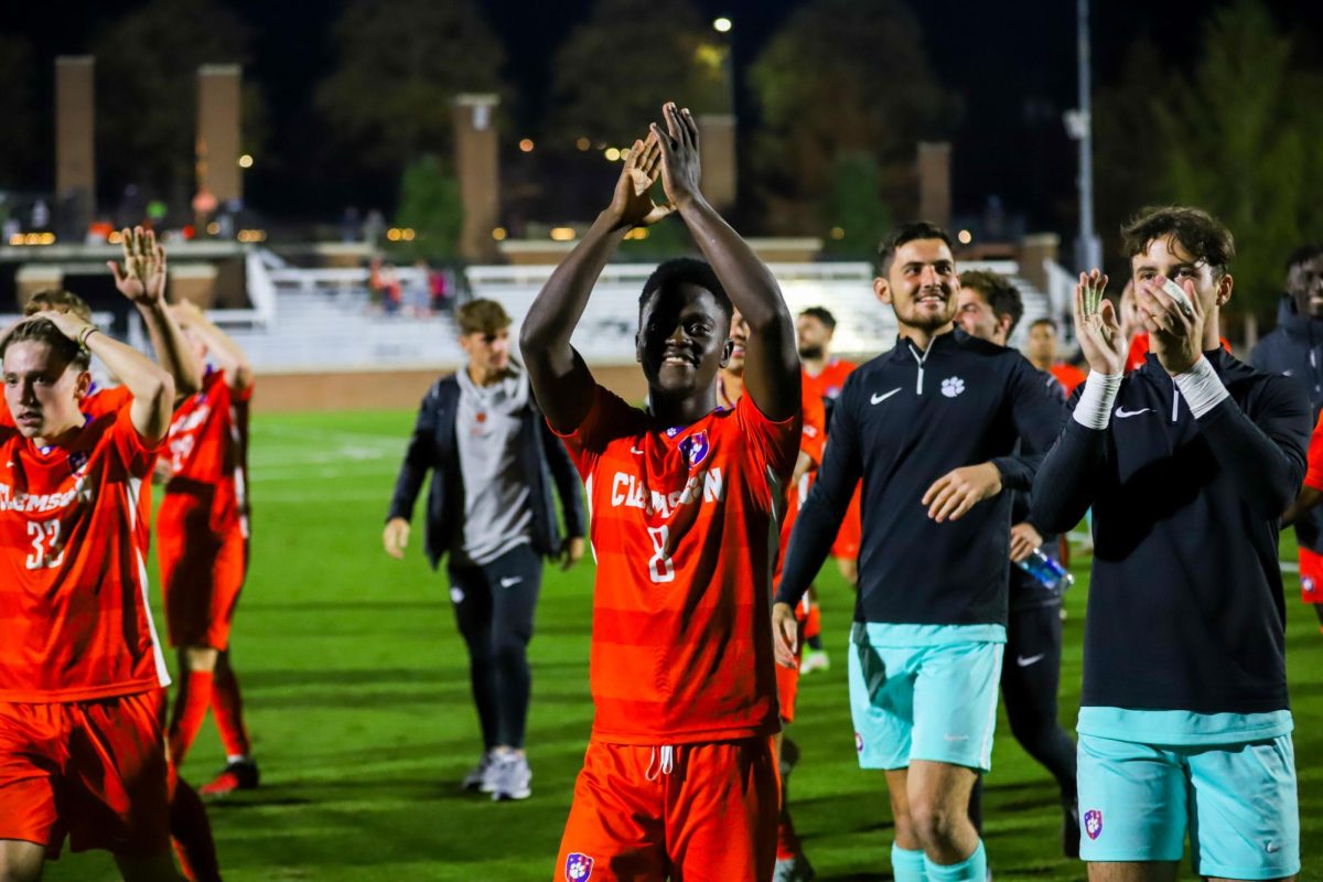Midfielder Elton Chifamba celebrates after the ACC semifinal at Historic Riggs Field on Wednesday, Nov. 8.