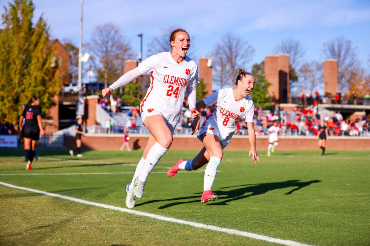 Clemsons Megan Bornkamp celebrates during the Tigers matchup with Georgia in the Sweet 16 of the NCAA Tournament at Historic Riggs Field on Nov. 19, 2023.