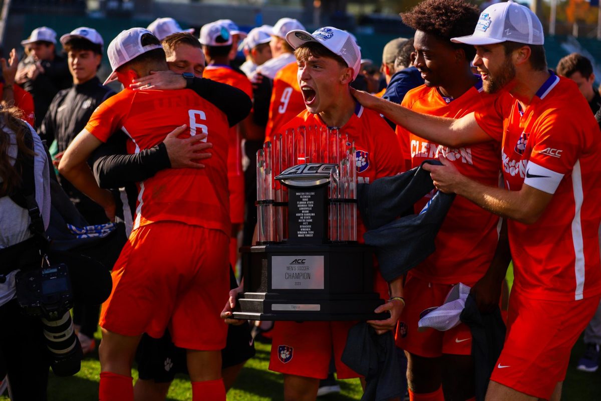 The Clemson team celebrates after winning the ACC Championship in Cary, North Carolina, on Sunday, Nov. 12.