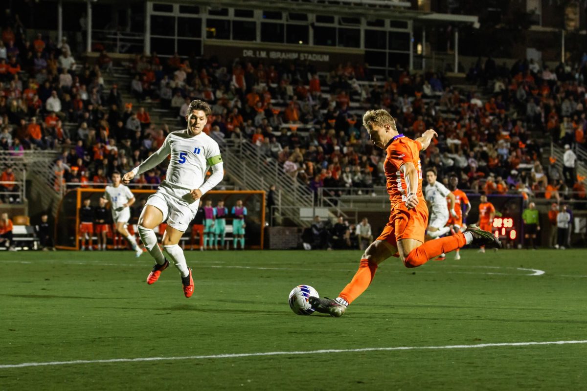 Alex Meinhard takes a shot on goal during the ACC quarterfinal at Historic Riggs Field on Sunday, Nov. 5, 2023.