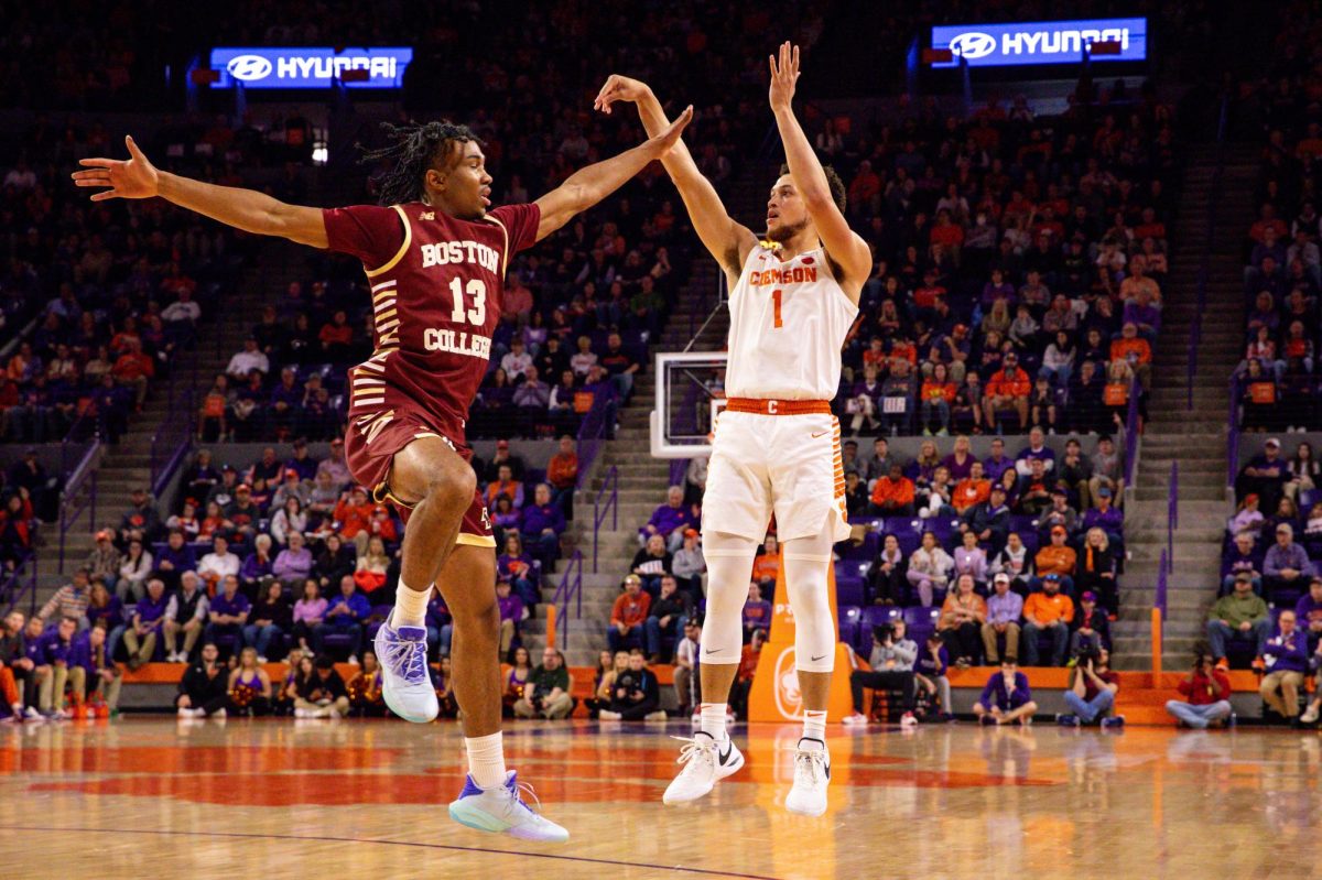 Clemson guard Chase Hunter shoots a jump shot during the Tigers game against Boston College in Littlejohn Coliseum on Jan. 13, 2024.