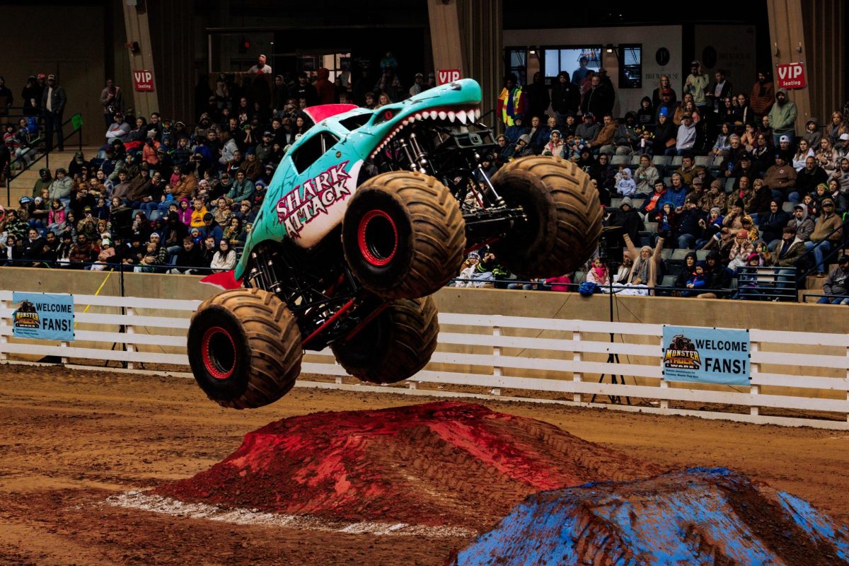 Monster Truck Wars Shark Attack does a jump at Garrison Arena on Jan. 20, 2024.