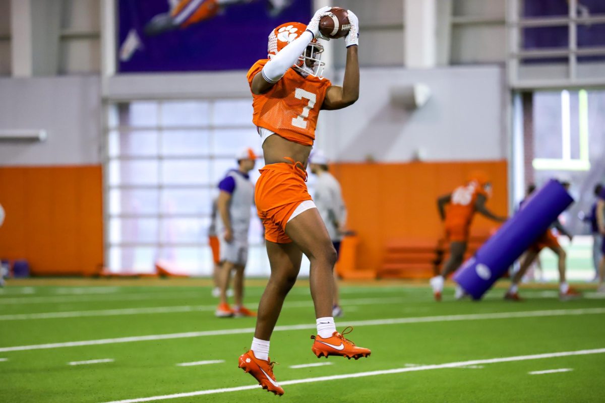 Safety Khalil Barnes in action during the first spring practice of the season for the Clemson football team on Wednesday, Feb. 28, 2024.
