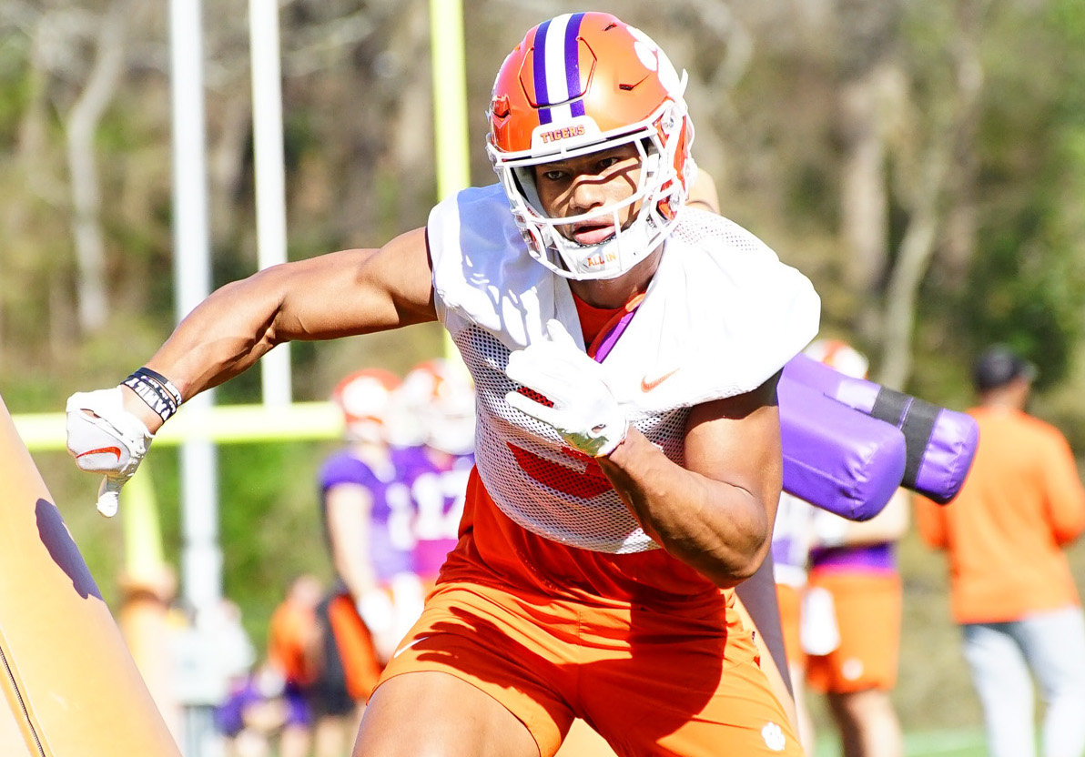Clemson wide receiver Noble Johnson goes through drills during practice on March 7, 2023.