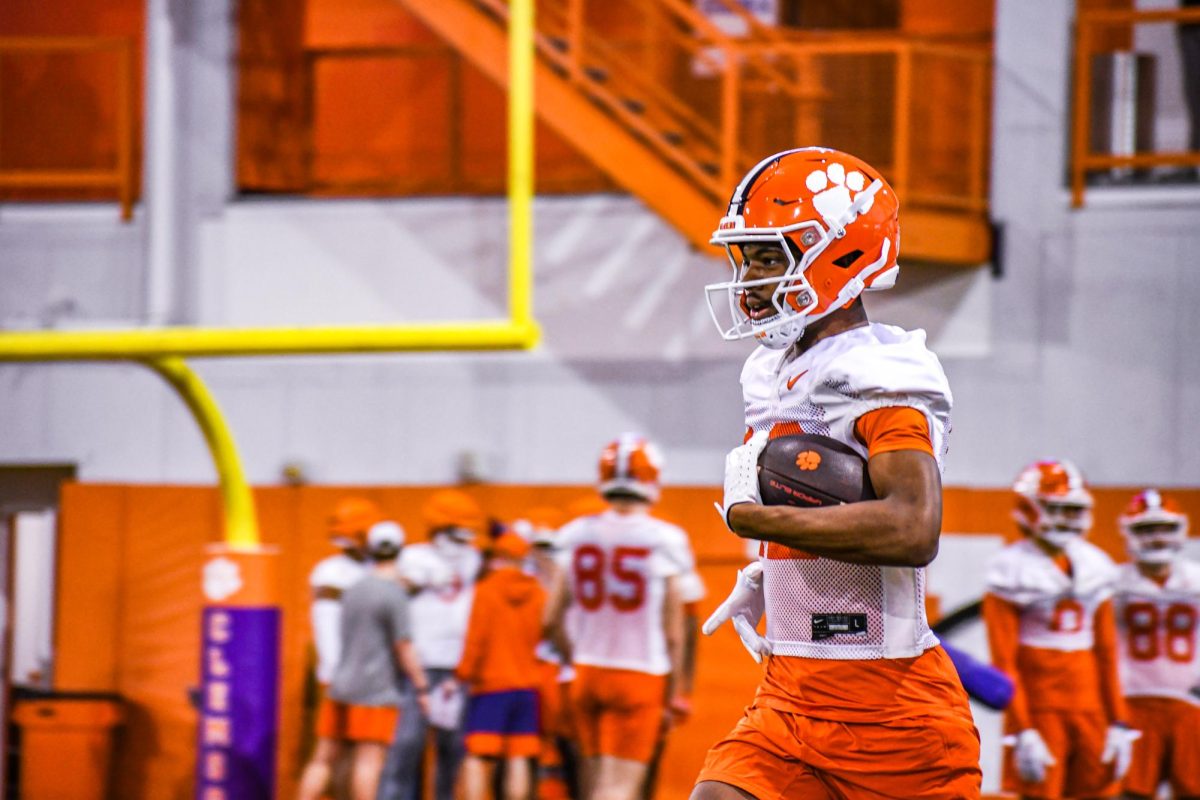 Clemson mid-year enrollee wide receiver Bryant Wesco goes through drills during spring practice on Feb. 28, 2024.