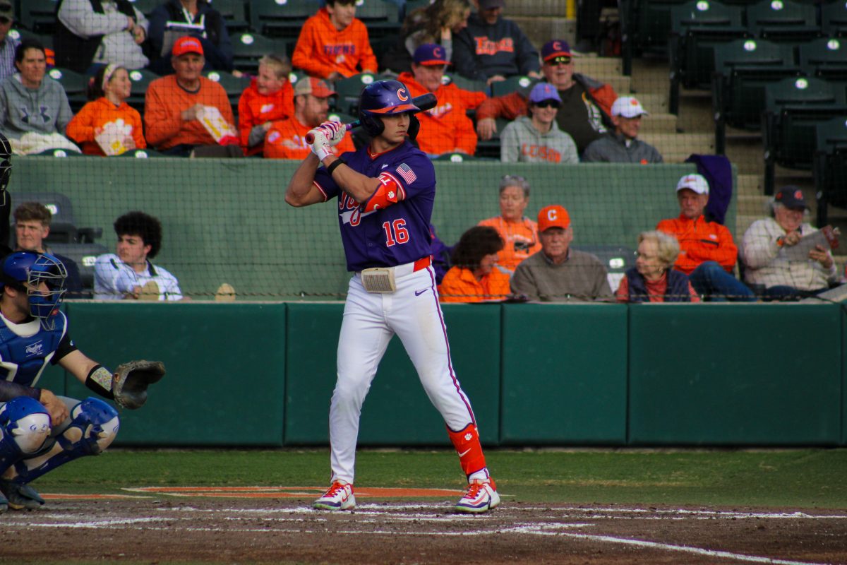 Clemson outfielder Will Taylor (16) takes an at-bat in the Tigers win over Presbyterian on Tuesday afternoon at Doug Kingsmore Stadium. 