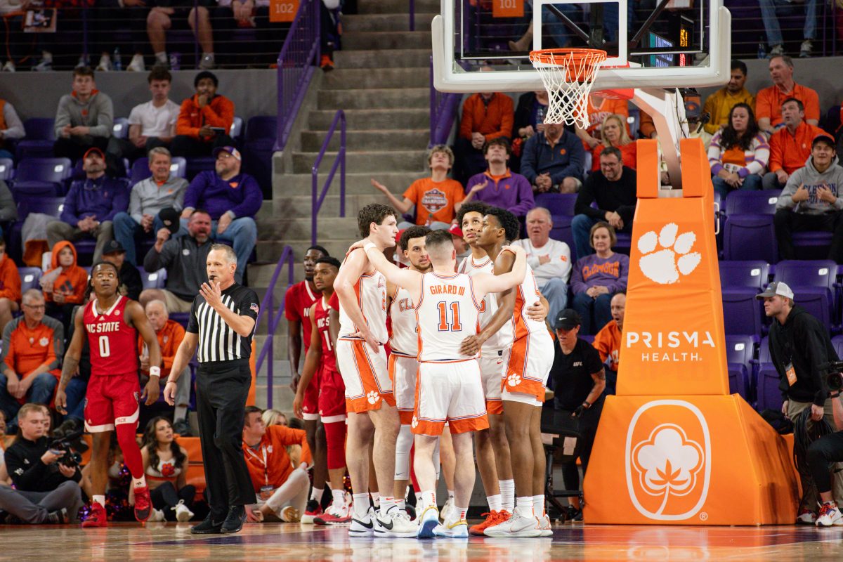 The Tigers huddle up on the court to discuss mid-game strategy in their heartbreaking 78-77 loss to NC State on Saturday.