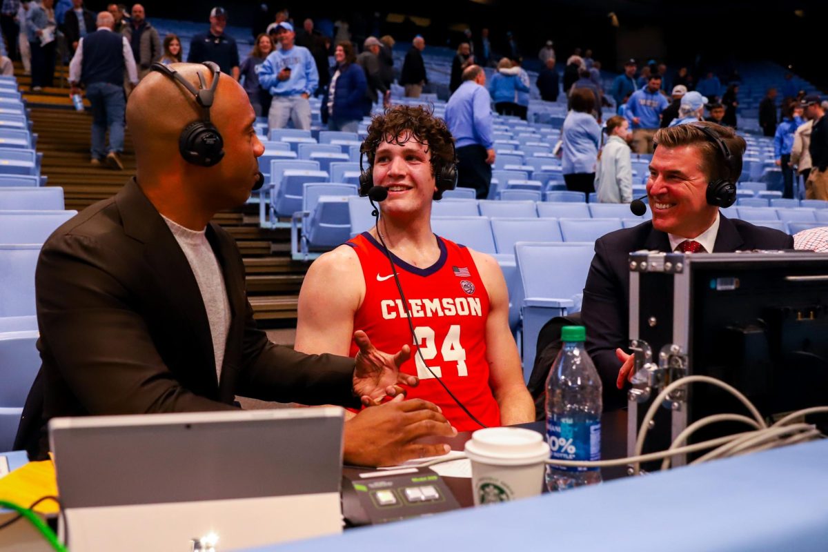 Clemson center PJ Hall speaks to Jay Williams and Rece Davis after defeating No. 3 North Carolina on Feb. 6, 2024.