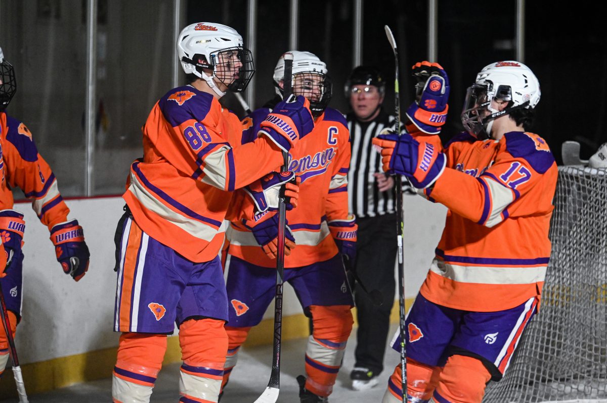 Clemson celebrates a goal in its outdoor matchup against Georgia on Jan. 19.