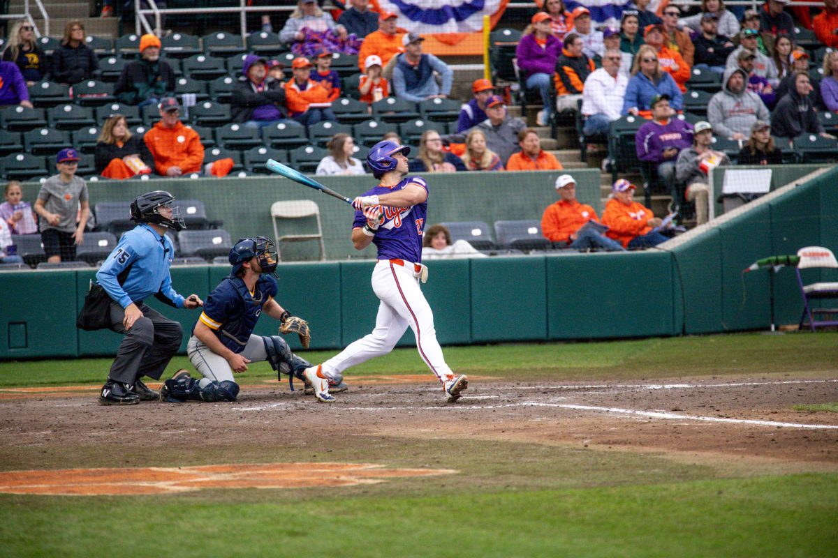 Designated hitter Tristan Bisetta (27), pictured against UNCG on March 9,  stepped up big in game two of the ACC weekend series in Durham, as his sixth-inning grand slam helped the Tigers withstand a five-run seventh inning from Duke and tie the series at one game apiece. 