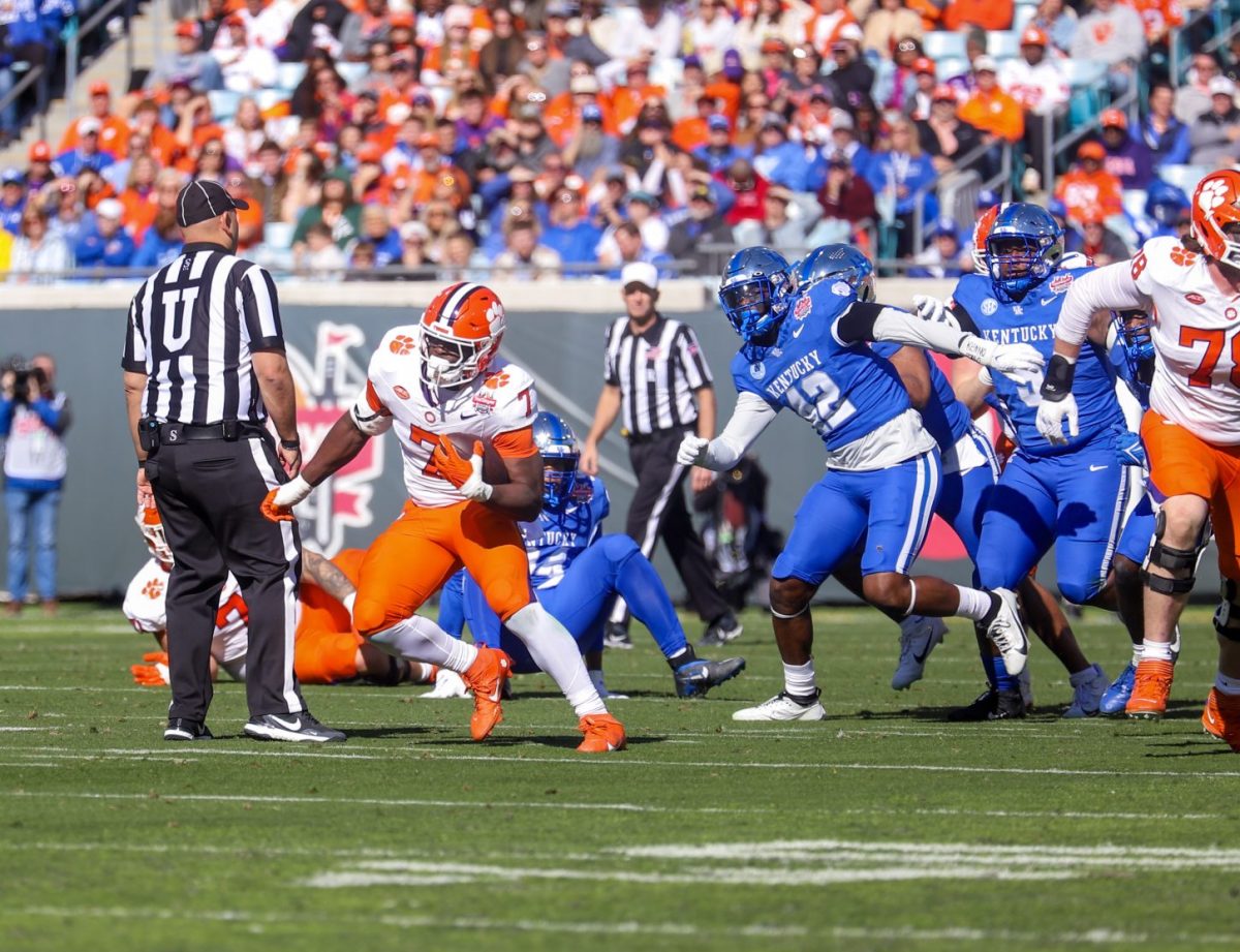 Clemson running back Phil Mafah (7) had four touchdowns in the Tigers win over Kentucky in the TaxSlayer Gator Bowl on Dec. 29, 2023, in Jacksonville, Florida, to earn the title of MVP.