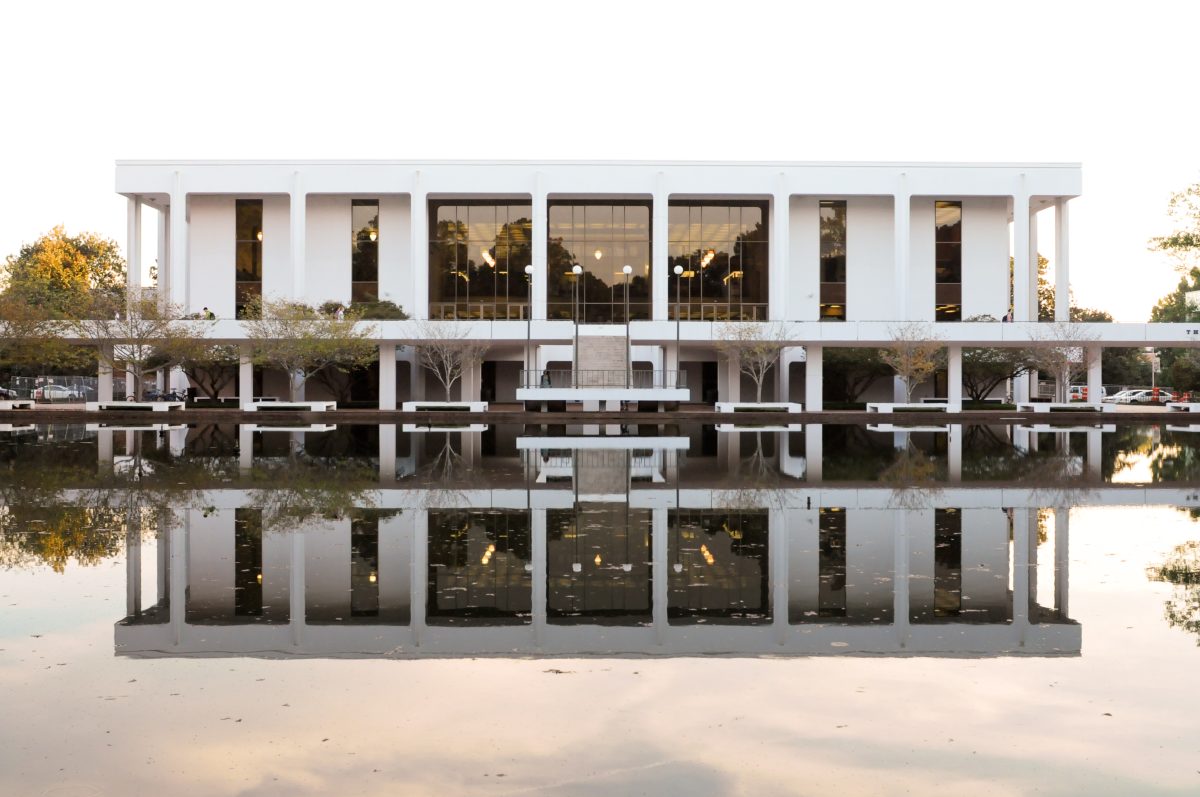 Cooper Library sits on the edge of the reflection pond, located in central campus.