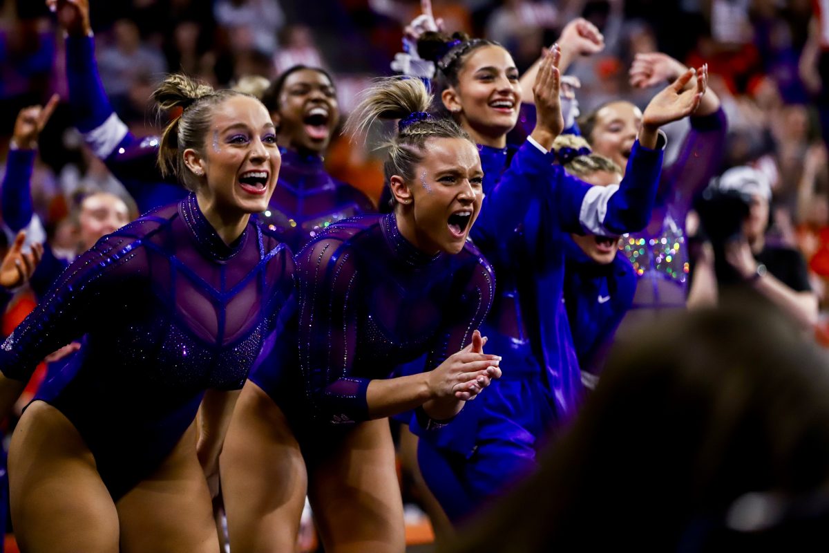 The+Clemson+gymnastics+team%2C+pictured+in+its+meet+against+Pittsburgh%2C+took+second+to+No.+1+Oklahoma+at+Texas+Womens+University+this+past+weekend.+