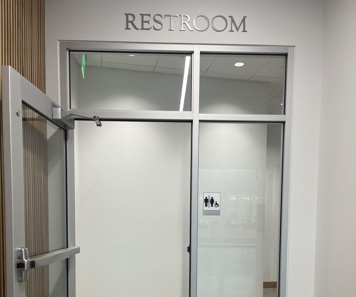 These glass doorways lead to Clemsons best bathrooms in The Wilbur O. and Ann Powers College of Business building. 