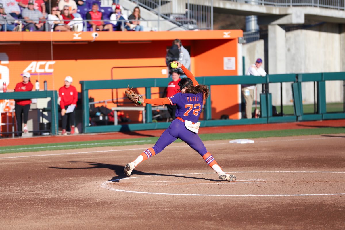 2023 Softball Collegiate Player of the Year Valerie Cagle throws a pitch to an NC State batter in Clemson's win over the Wolfpack on March 2 at McWhorter Stadium.