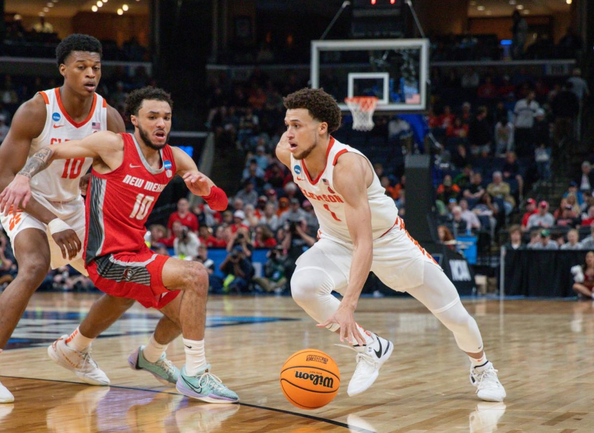 Clemson guard Chase Hunter drives the ball during the game against New Mexico in the opening round of the NCAA Tournament in Memphis, Tennessee, on March 22, 2024.