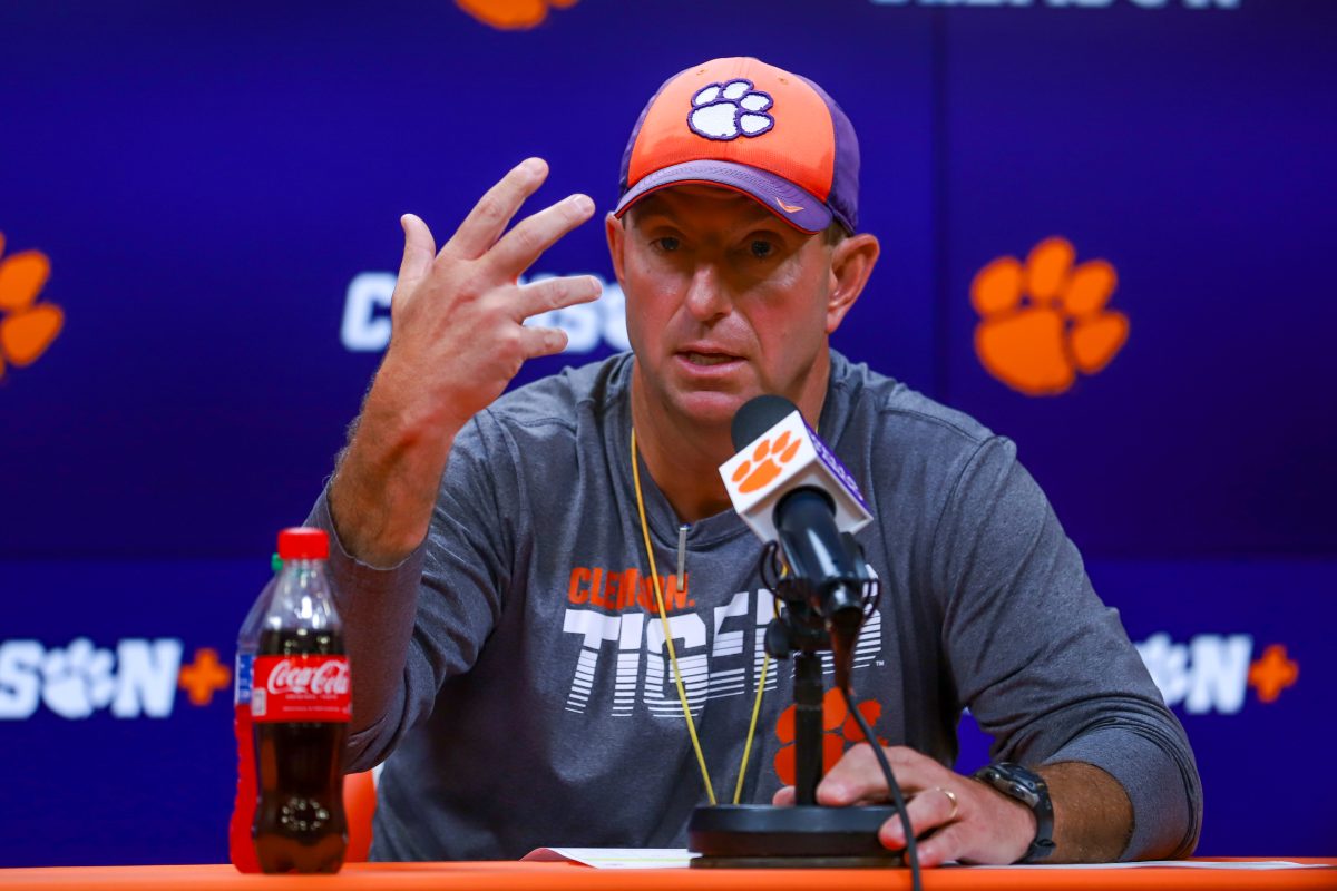 Head coach Dabo Swinney speaks at a press conference prior to Clemson football's first 2024 spring practice on Wednesday, Feb. 28.