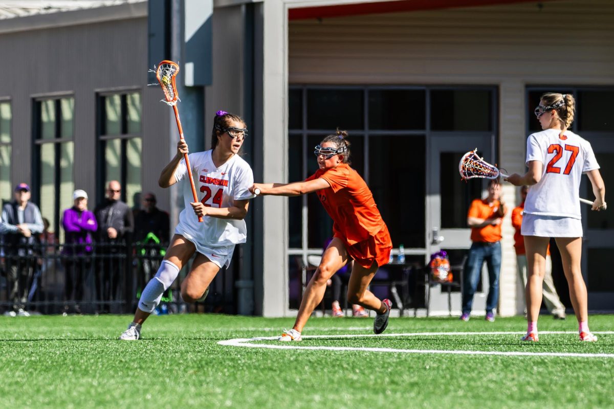 Clemson midfielder Shannon Brazier attacks the goal in the Tigers game against Virginia at the Clemson Lacrosse Complex on March 2, 2024.
