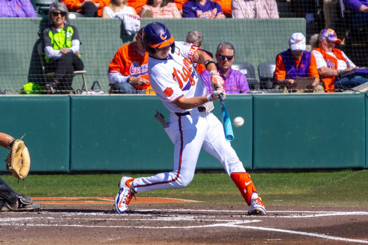 Clemson outfielder Will Taylor hits a home run against South Carolina in Doug Kingsmore Stadium on March 3, 2024.