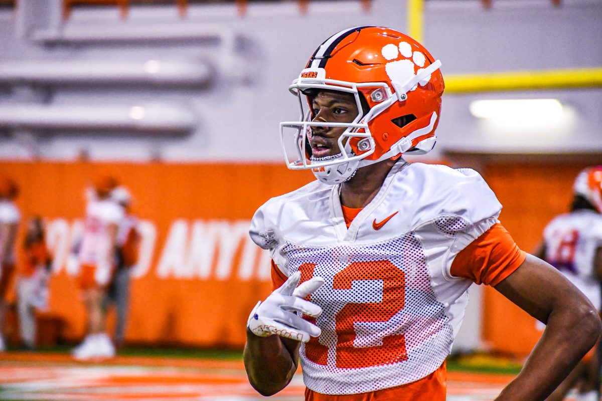 Clemson wide receiver Bryant Wesco Jr. goes through drills during spring practice on March 1, 2024.