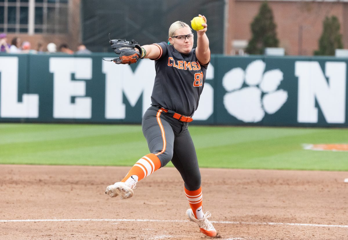 Lefty+pitcher+Millie+Thompson%2C+pictured+throwing+against+Furman+earlier+this+month%2C+took+the+win+in+game+two+against+the+Syracuse+Orange.