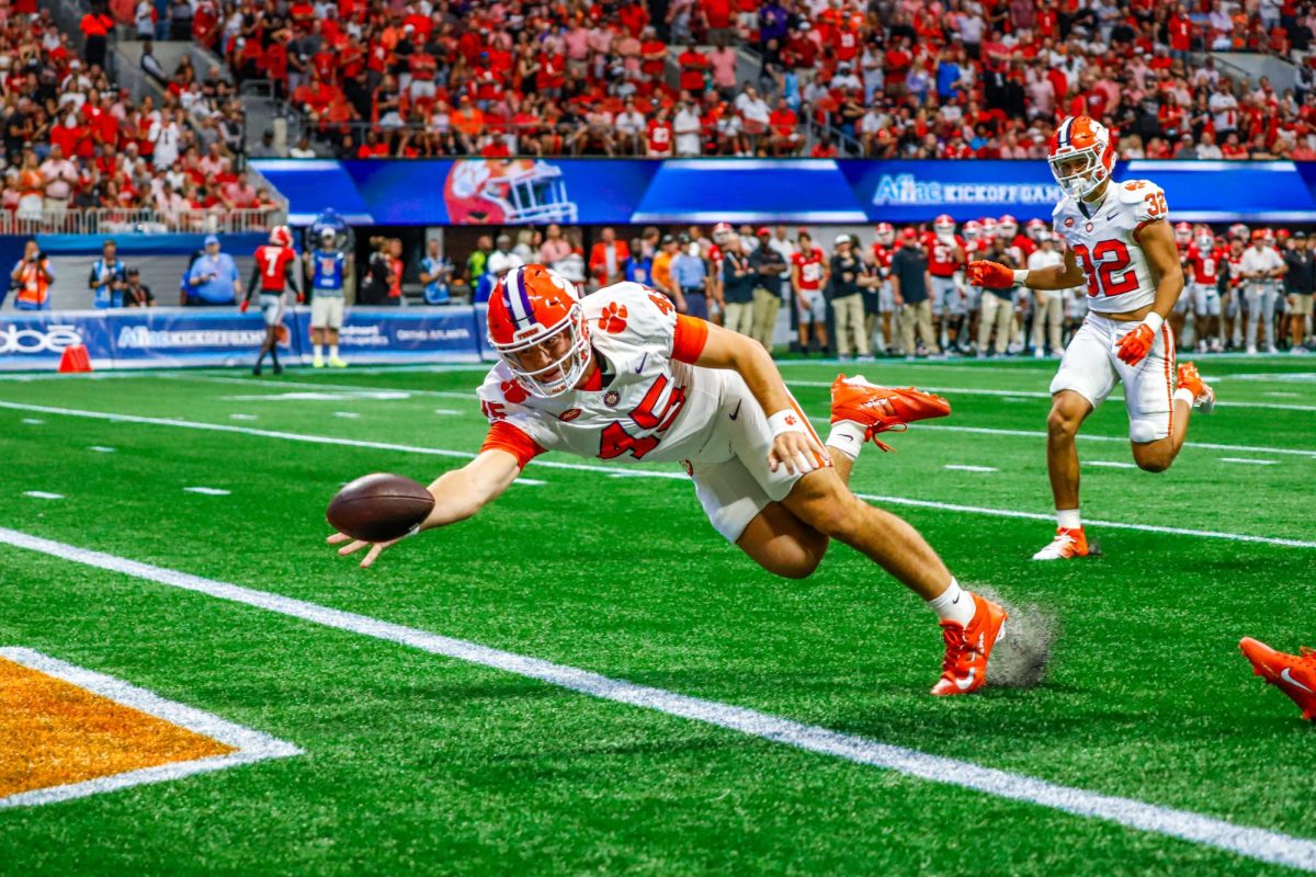 LS Phil Florenzo reaches in an attempt to grab the ball in Clemson's end zone after a long punt from Georgia.