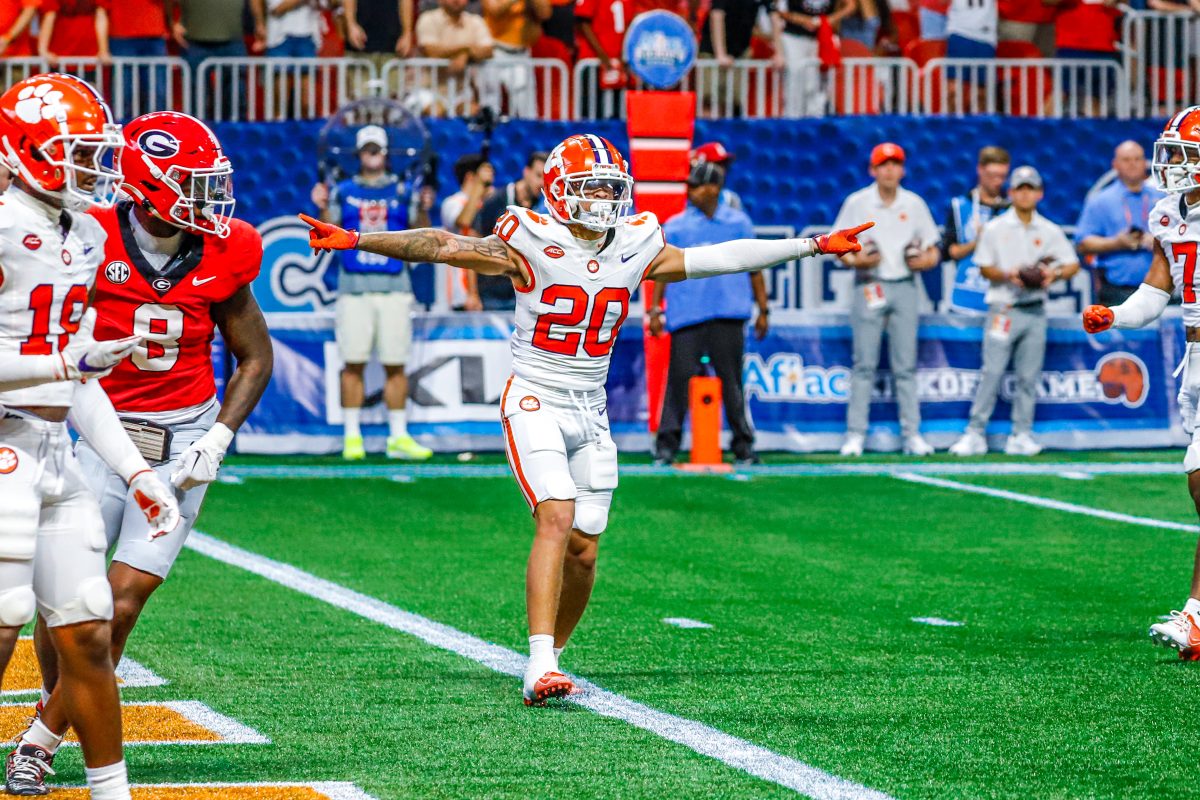 Sophomore cornerback Avieon Terrell celebrates after stopping the Bulldogs from entering the endzone in the first half. 