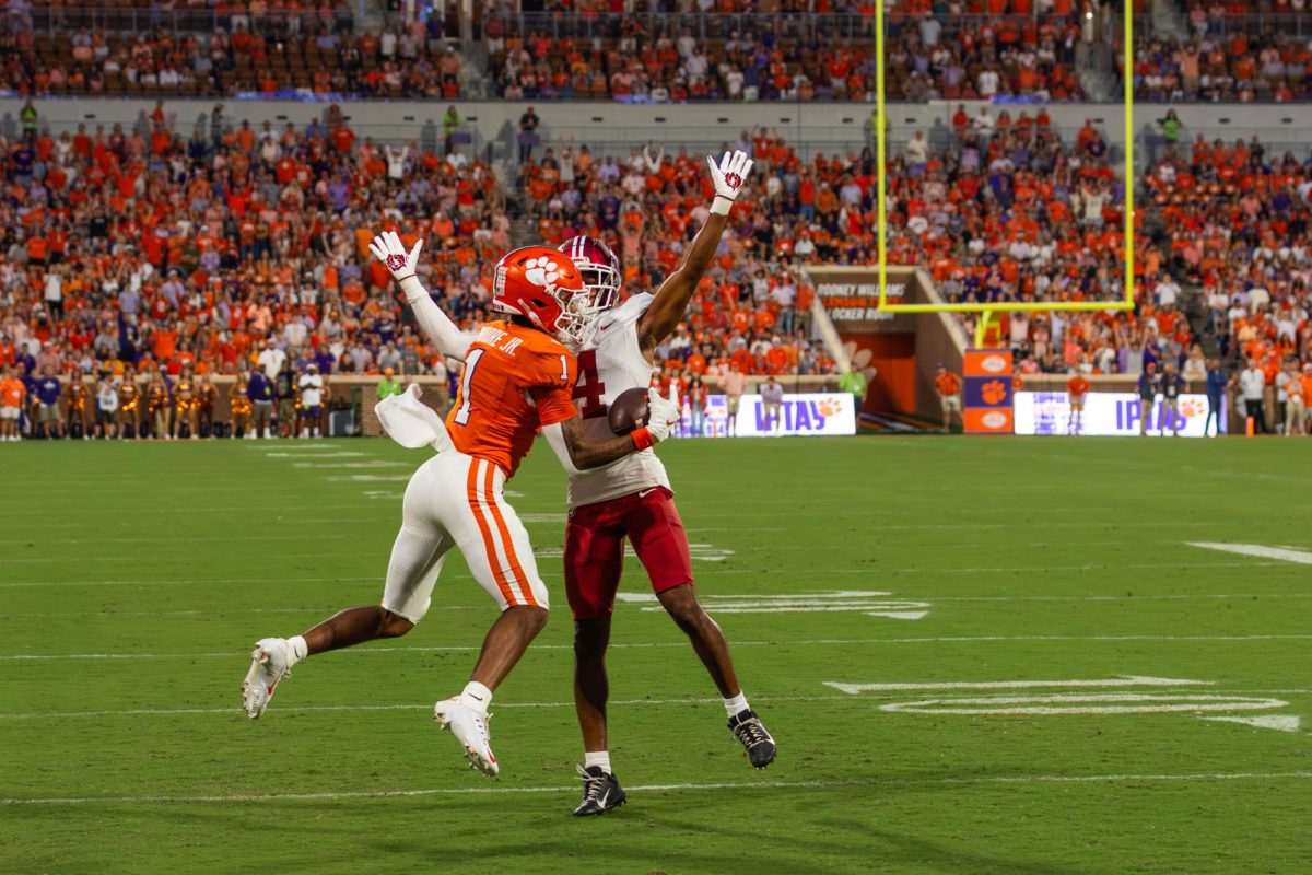 Klubnik connected with seven different receivers against Stanford; pictured is freshman T.J. Moore making an impressive catch in coverage to set Clemson up for a field goal.