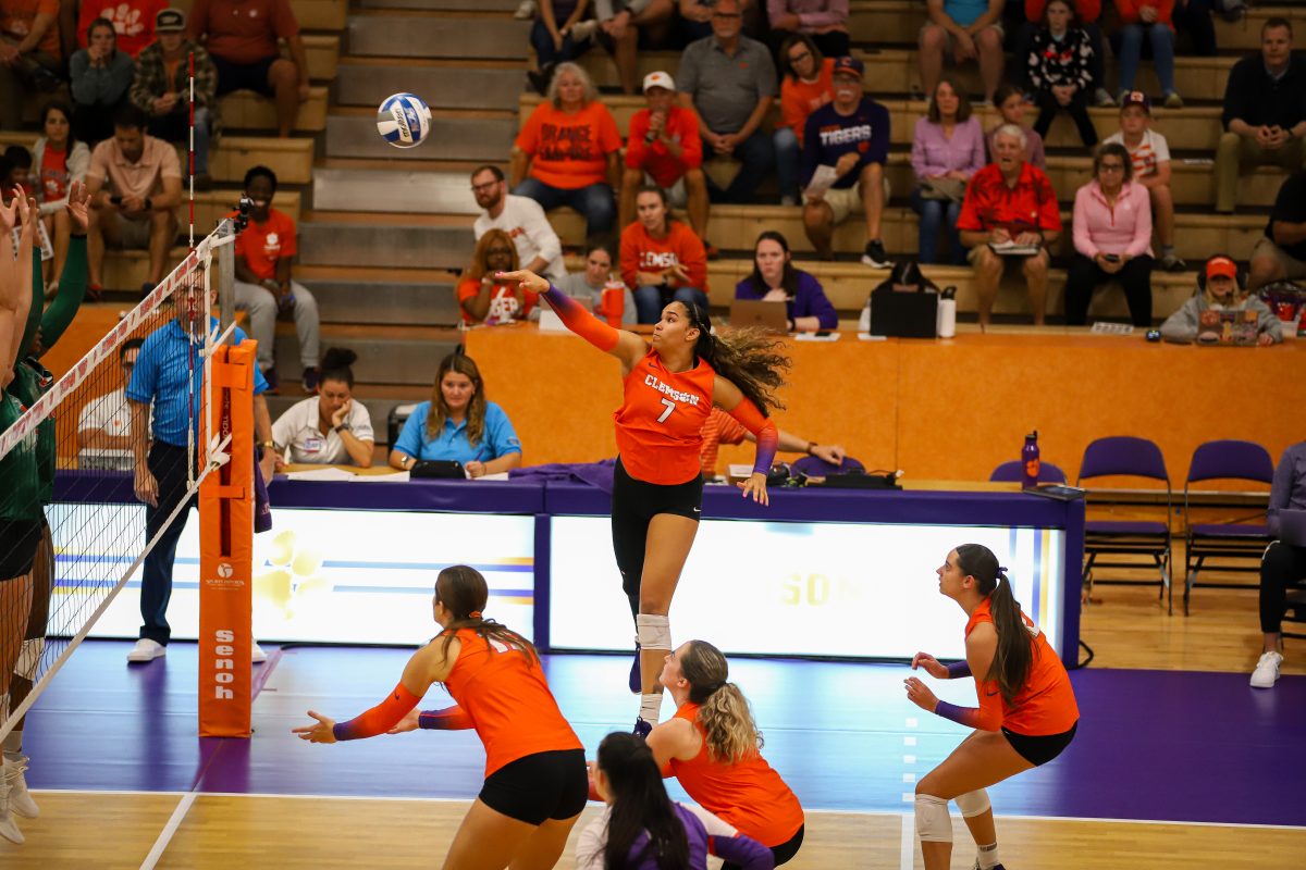 Aźyah Dailey (7) assisted the Tigers' in their victory over Appalachian State with 12 kills.