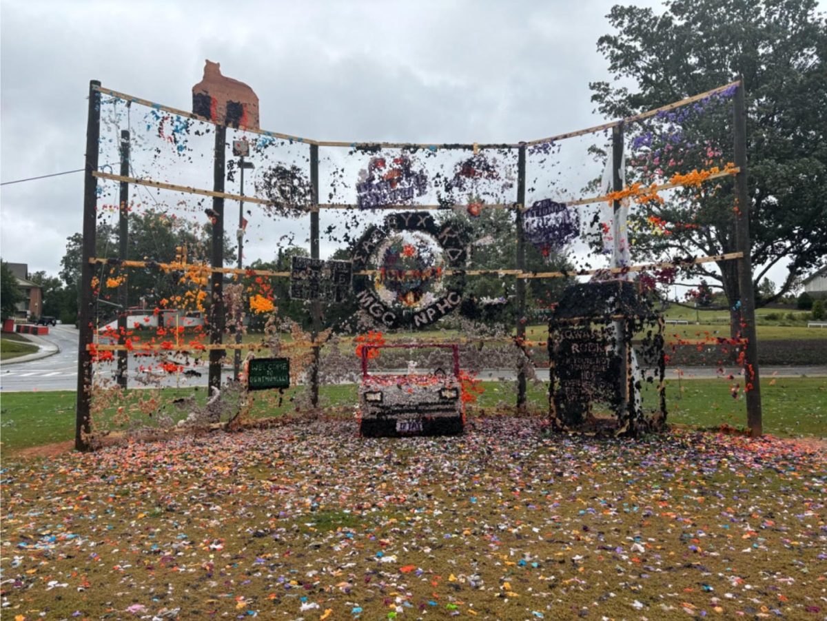 Hurricane Helene thrashes the homecoming float built by KD, BYX, SAE, NPHC and MGC, pictured here Friday morning.