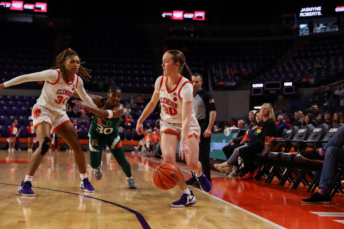 Senior guard Maddie Ott (30) contributed 5 points with one assist, two steals and 67% from the free-throw line in the Tigers' 91-33 victory over NC Central.