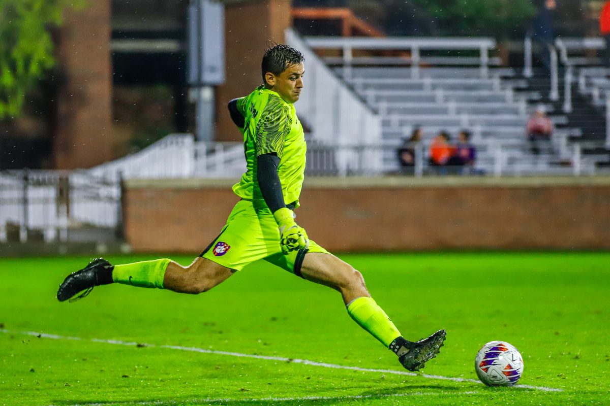 Patrick Donovan takes a goal kick in the first round of the ACC Tournament at Historic Riggs Field against Louisville on Nov. 6.