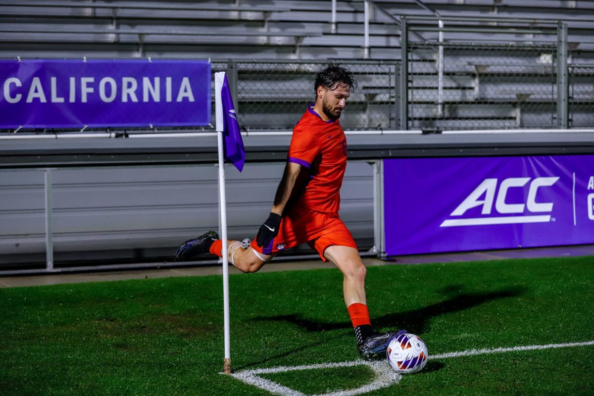 Midfielder Joran Gerbet sends in a corner in Clemson's win over Cal in the ACC Tournament semifinals in Cary, North Carolina