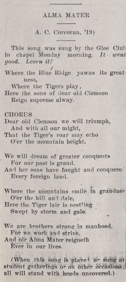 The lyrics of the alma mater that we continue to sing today were first published in The Tiger on Feb. 18, 1919.