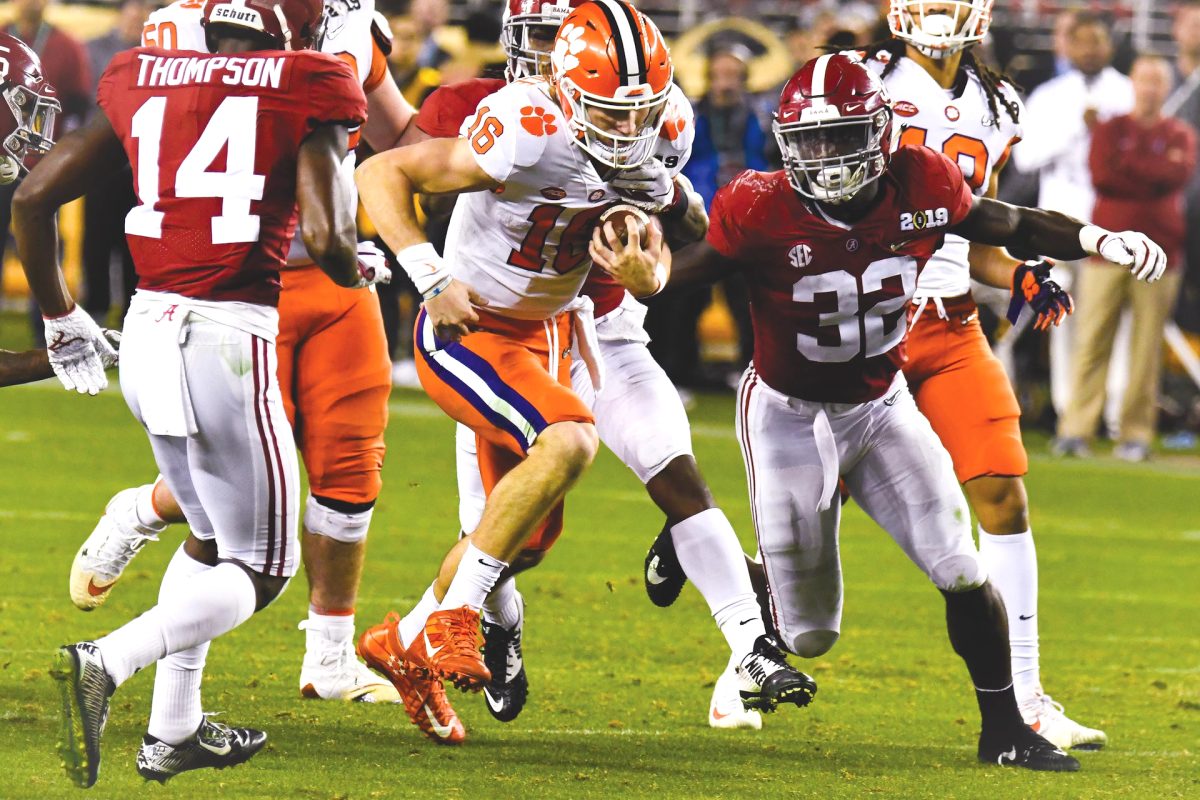 Former Clemson quarterback Trevor Lawrence (16) runs in the Tigers' win in the 2019 National Championship on Jan. 7, 2019, at Levi's Stadium in Santa Clara, California.