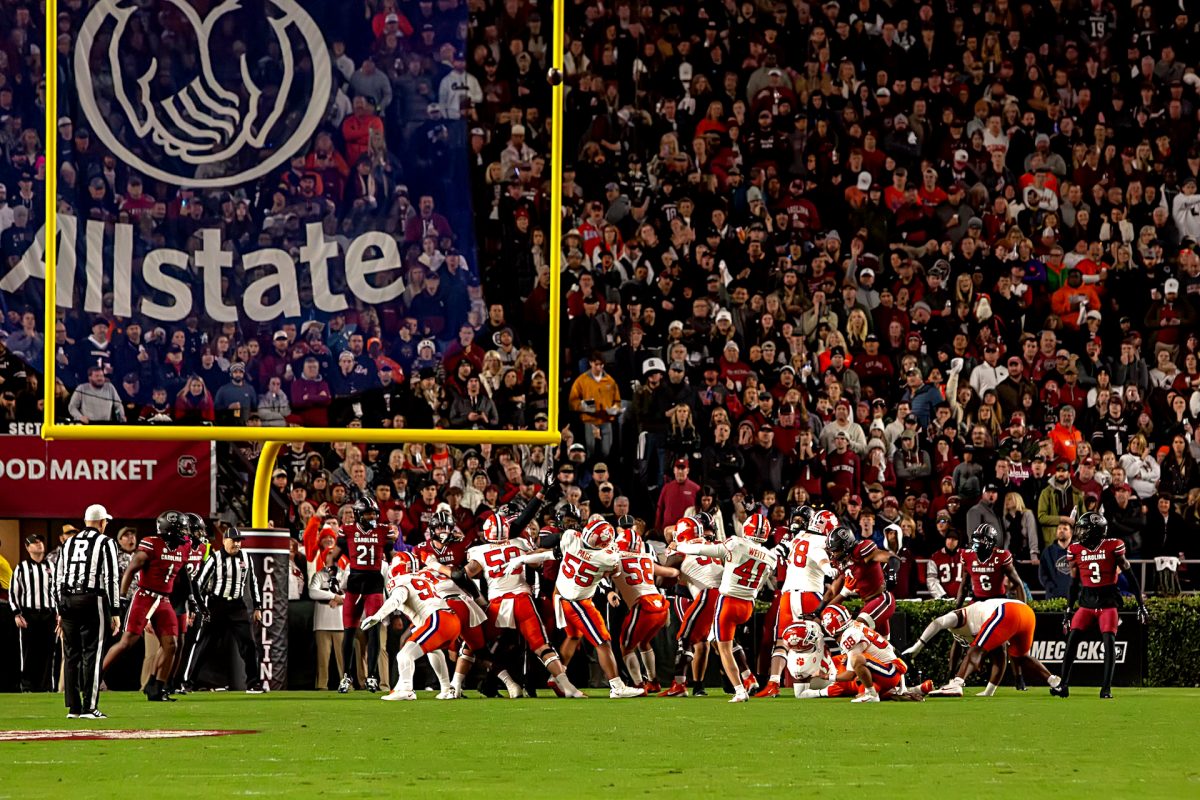 Clemson kicker Jonathan Weitz attempts a field goal in Clemson's win over South Carolina at Williams-Brice Stadium on Nov. 27, 2024.